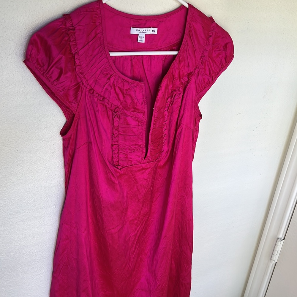 Calypso St. Barth Fuchsia Ruffle-Trim Cap Sleeve Dress